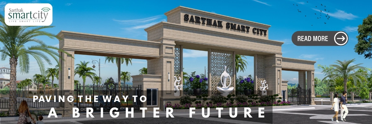 Sarthak Smart City Pithampur entrance showing planned township with residential plots and modern infrastructure