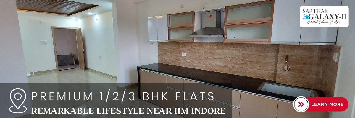 Modern kitchen and living space in flats at Rau Indore near IIM with functional layout and comfortable residential interiors