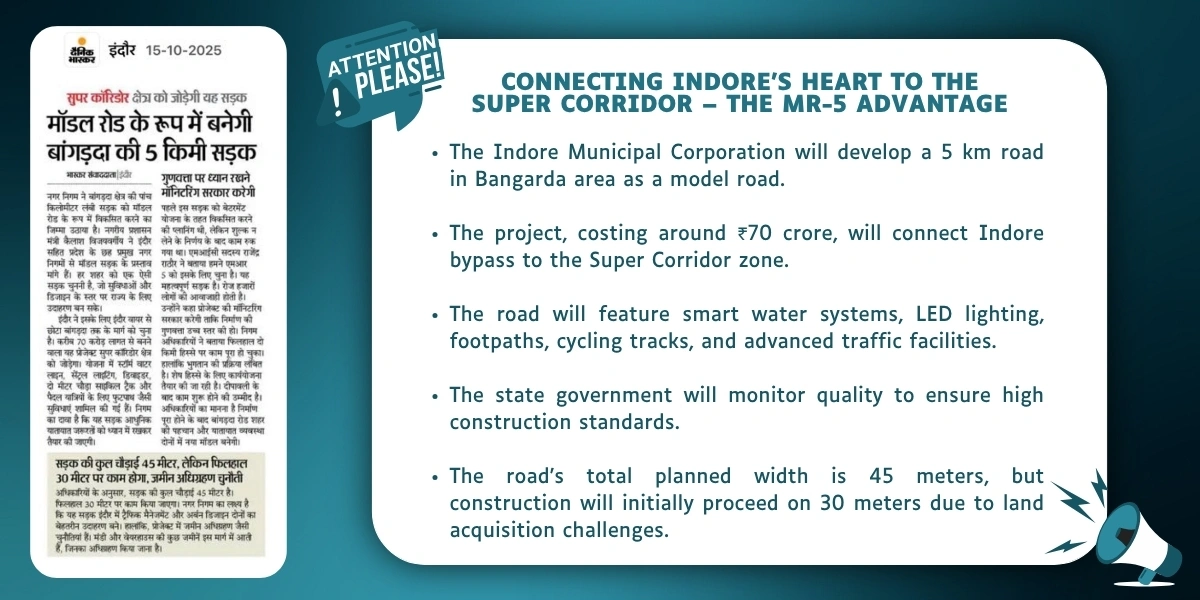 MR-5 Road connecting Indore city to the Super Corridor with modern infrastructure and smart connectivity