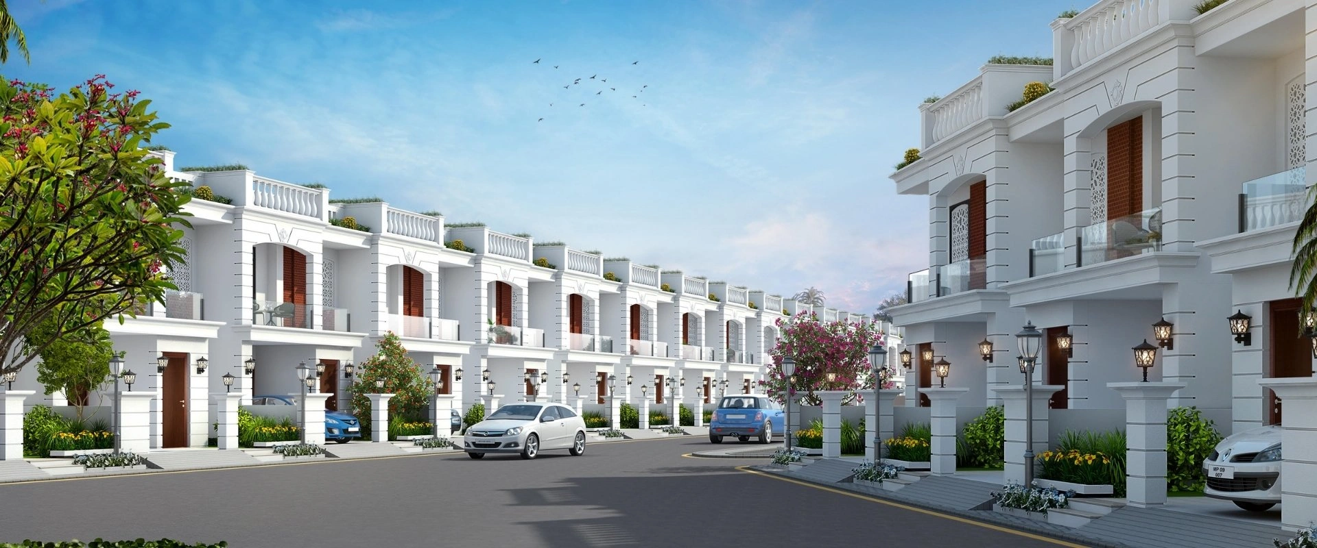 Premium row house on the Super Corridor Indore with modern architecture and family-friendly surroundings