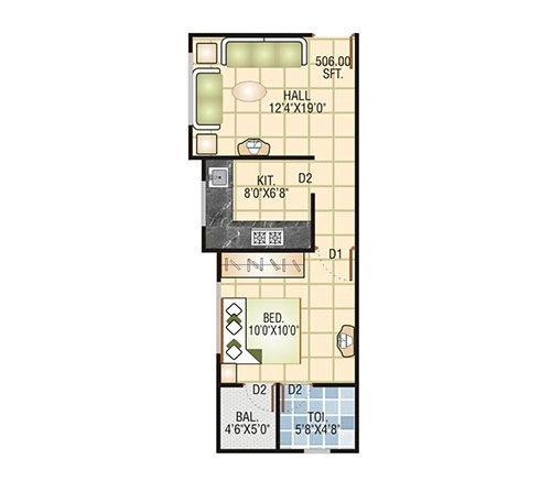 1 BHK 506 sq ft compact floor plan of Sarthak Vihar in Khandwa Road, Indore
