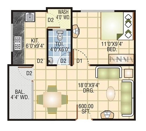 1 BHK 600 sq ft compact apartment layout at Sarthak Vihar, Indore