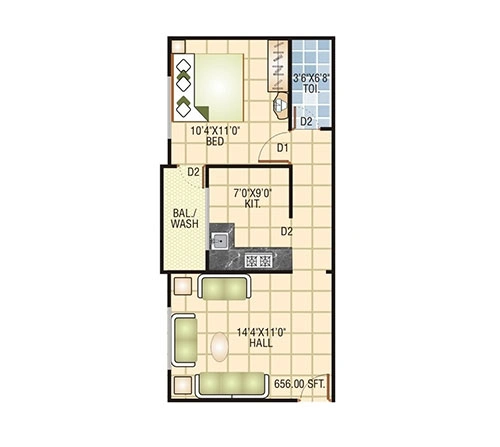 1 BHK 656 sq ft apartment layout at Sarthak Vihar with efficient design