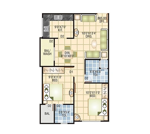 2 BHK 895 sq ft compact family apartment plan of Sarthak Vihar in Khandwa Road, Indore
