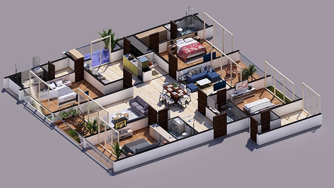 Modern 4 BHK floor plan at Sarthak Solitaire with expansive living dining and separate utility areas
