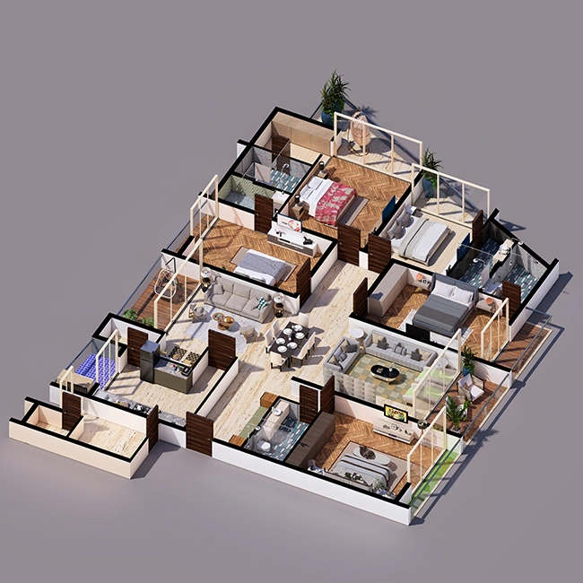 Sarthak Solitaire 5 BHK layout with five bedrooms, large living area and well-connected spaces