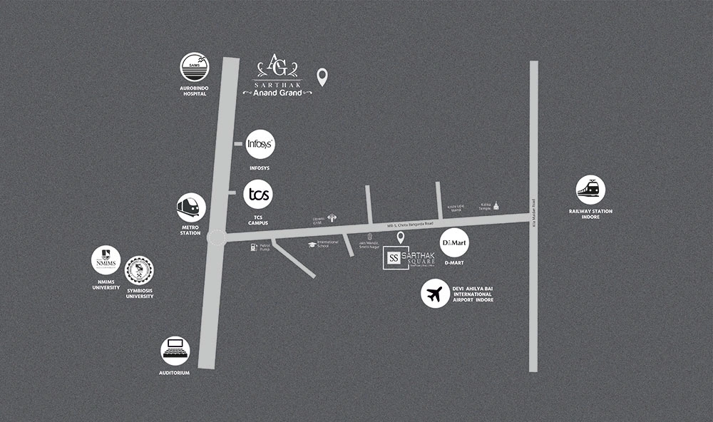 Sarthak Square location map showing commercial property near Super Corridor Indore