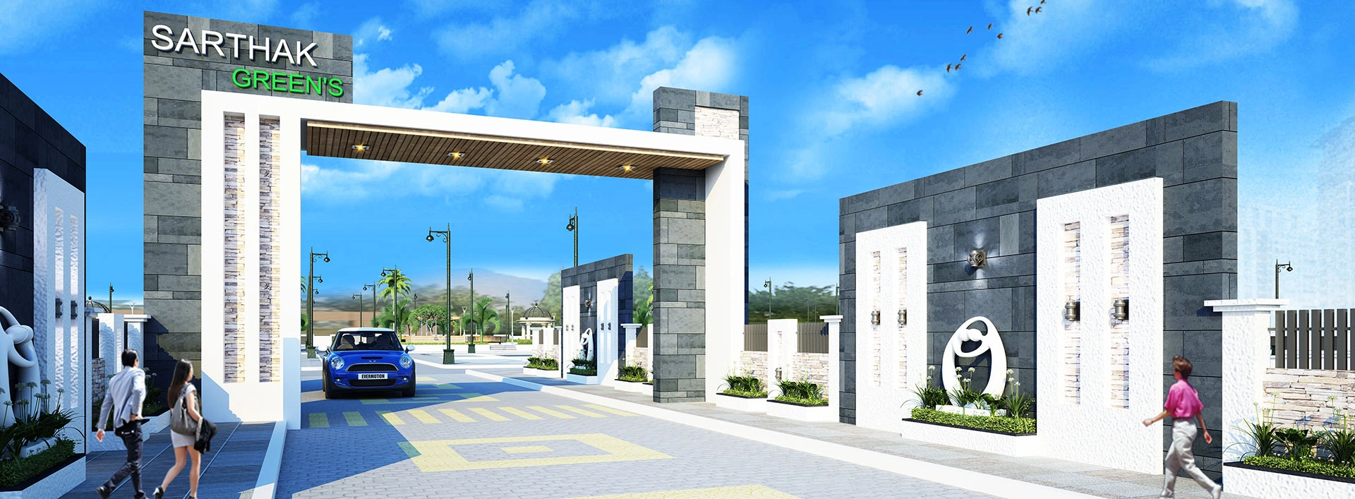 Main entrance gate with feature wall at Sarthak Greens on Rau Pithampur Road Indore