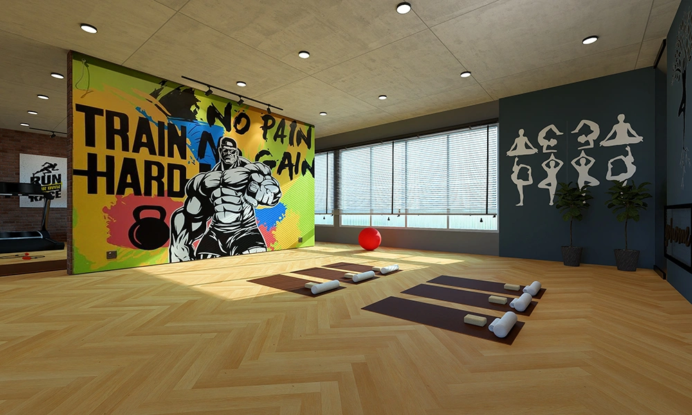 Spacious indoor fitness studio at Sarthak Solitaire for yoga, stretching and functional training