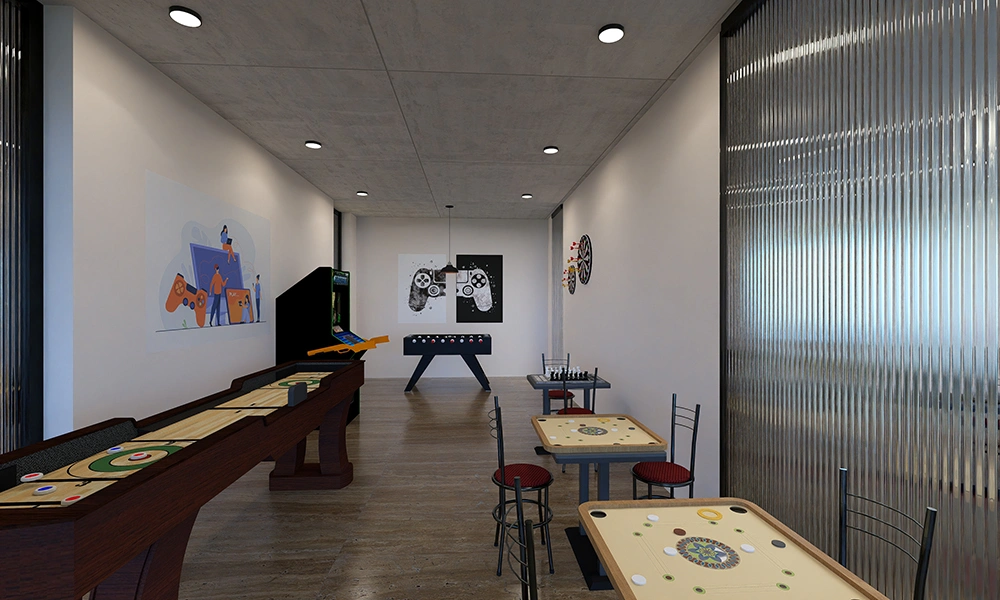 Multi-activity indoor recreation room at Sarthak Solitaire for family entertainment