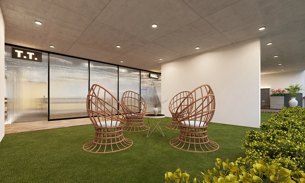 Landscaped outdoor lounge with seating at Sarthak Solitaire
