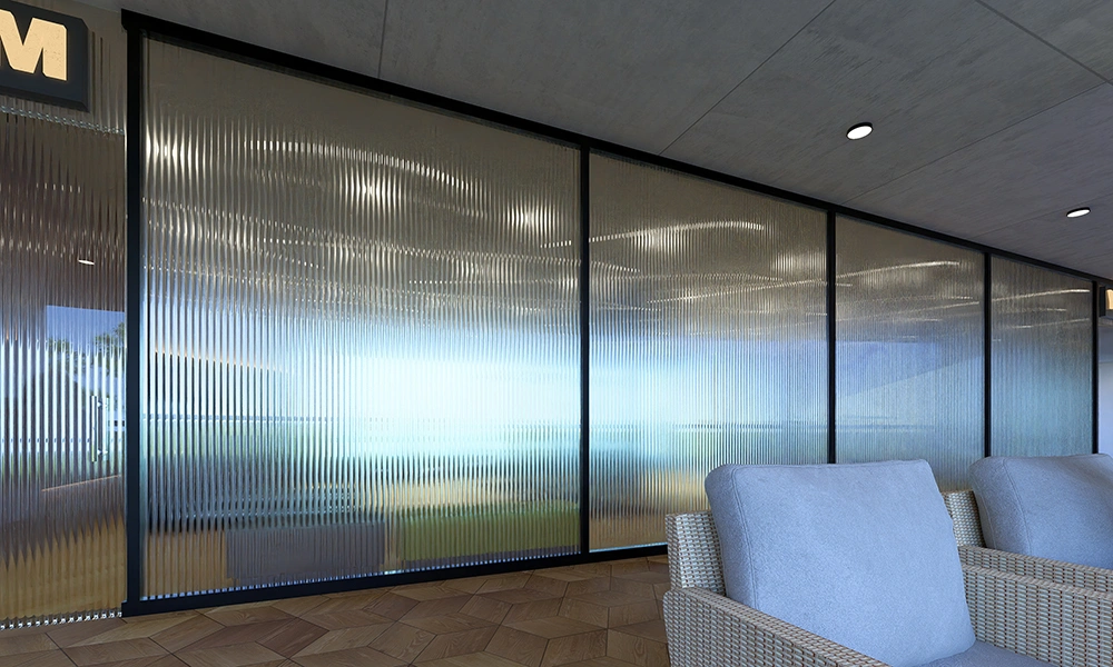 Elegant passage with glass panels at Sarthak Solitaire clubhouse interior