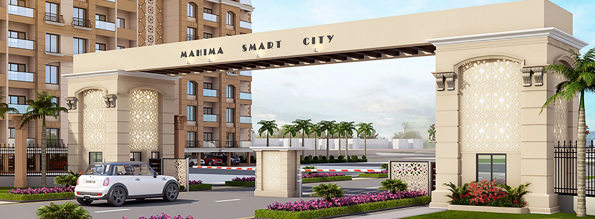 Main entrance gate of Mahima Smart City in Super Corridor Indore where Elite 27 row house project is located