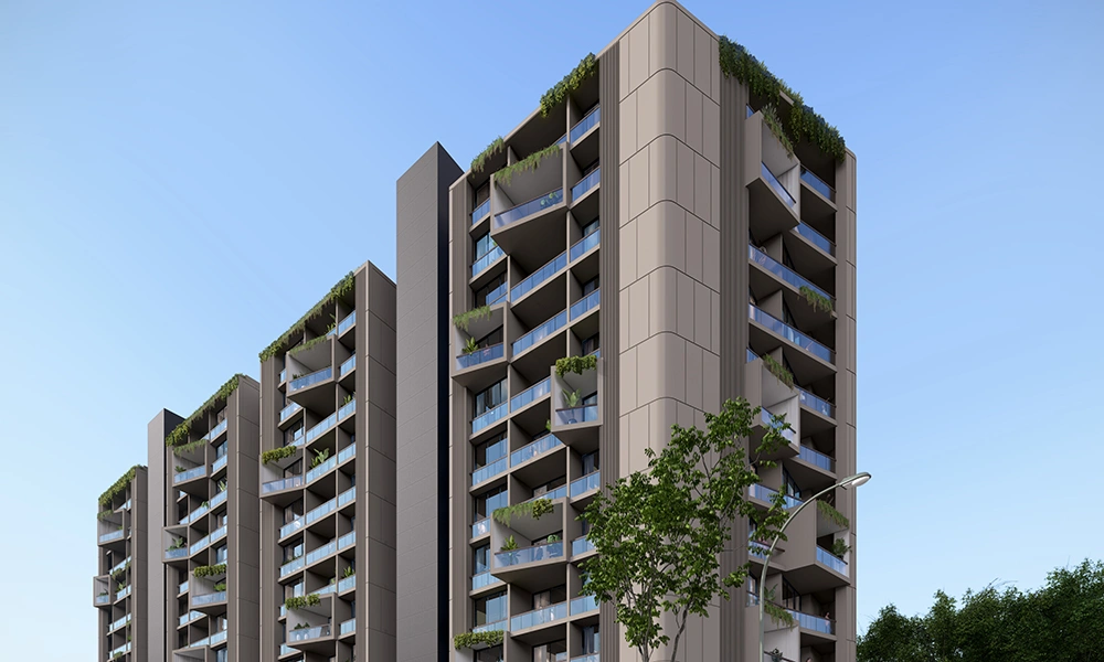 Angular view of residential tower at Sarthak Solitaire with balconies and vertical lines
