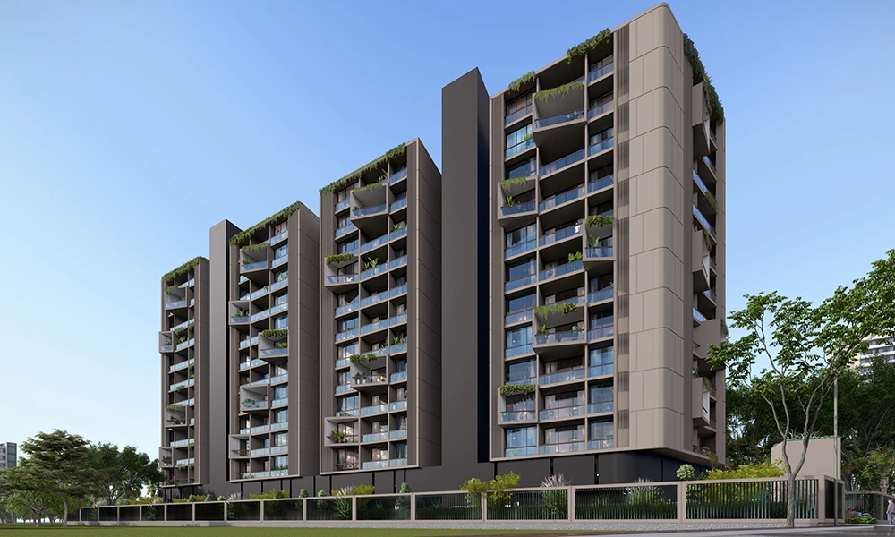 Full elevation view of Sarthak Solitaire residential towers with landscaped surroundings