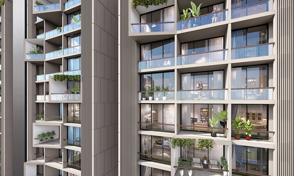 Detailed facade view with glass balconies and planters at Sarthak Solitaire