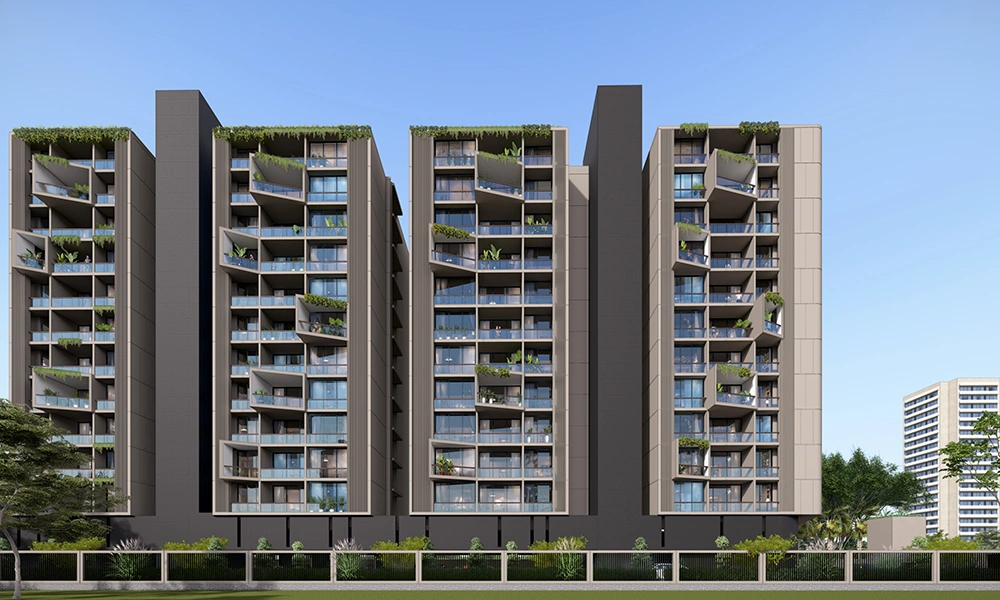 Symmetrical twin tower elevation at Sarthak Solitaire with modern vertical architecture