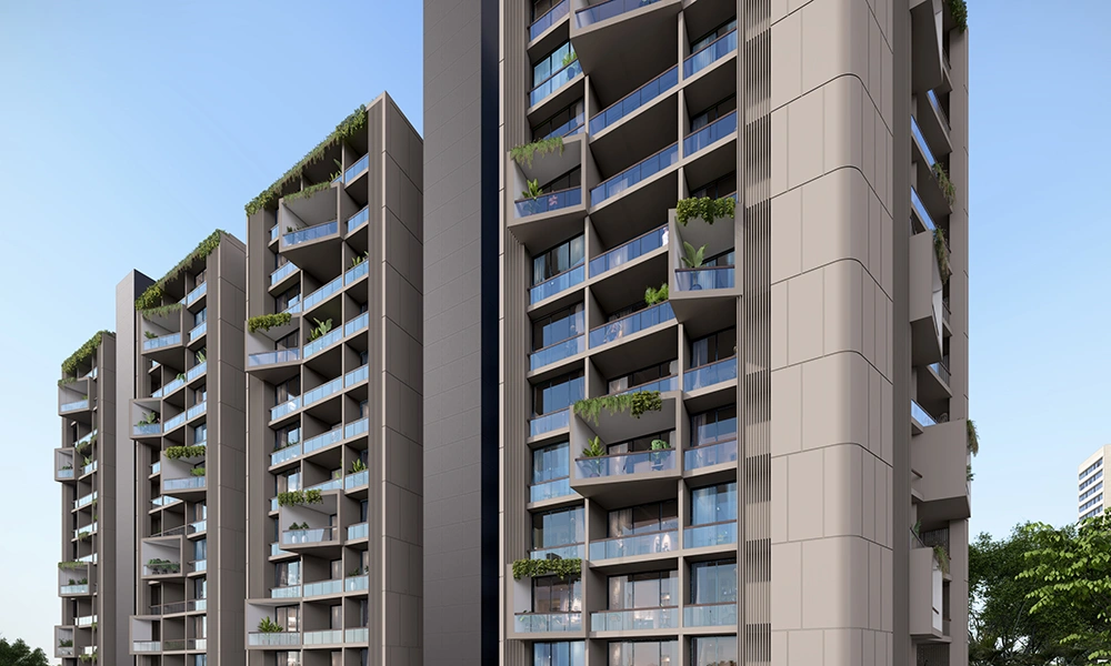 Side perspective of residential tower at Sarthak Solitaire with modern balcony layout