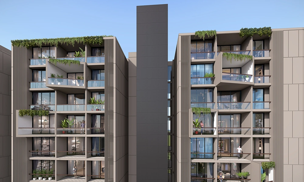 Mid section elevation of Sarthak Solitaire showing balcony patterns and facade design