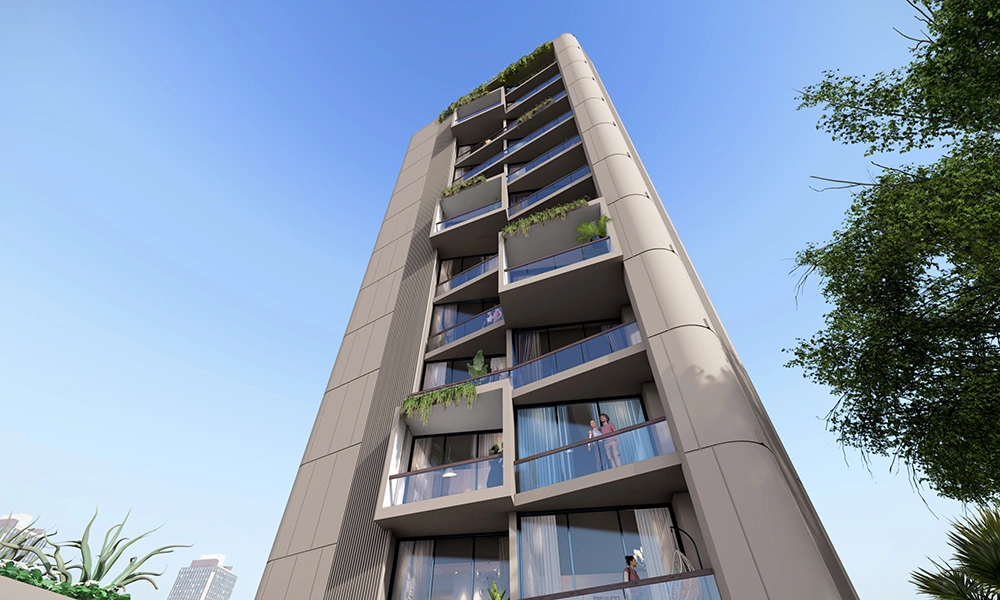 High-rise tower elevation at Sarthak Solitaire with modern balconies and vertical design