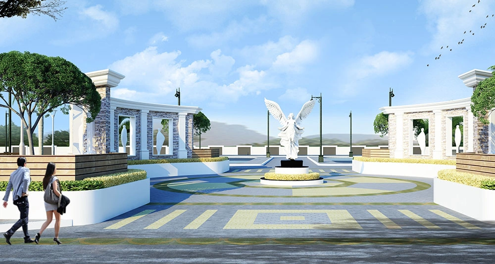 Central square with landscaped gardens on both sides at Sarthak Greens Rau Pithampur Road Indore
