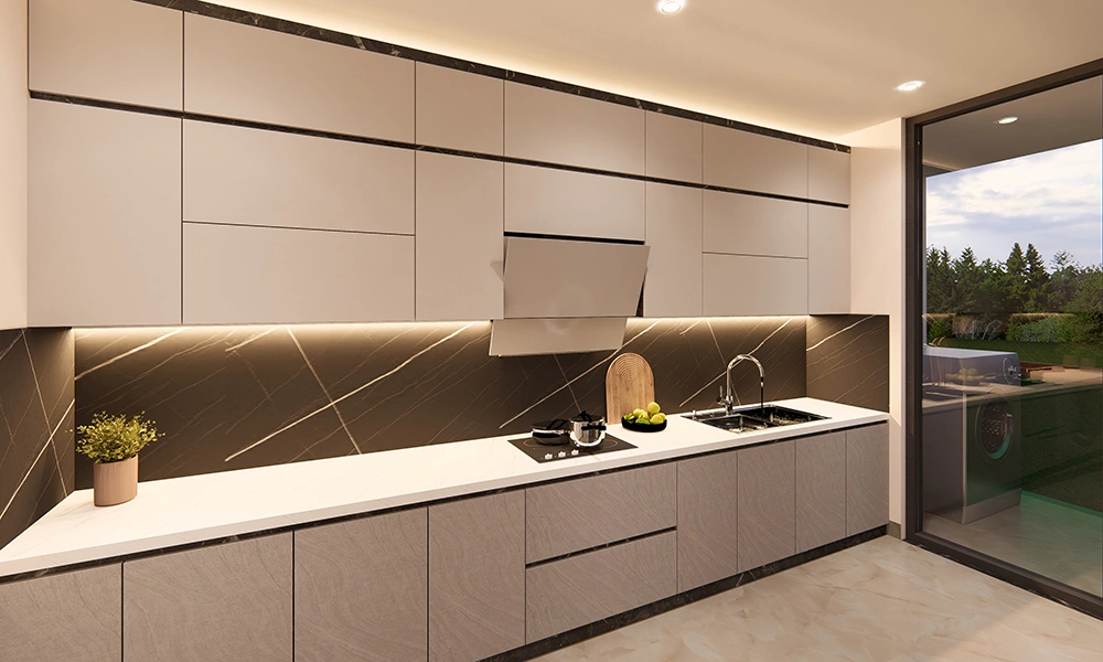 Stylish kitchen interior in Sarthak Solitaire luxury flats in Bicholi Mardana with modern appliances