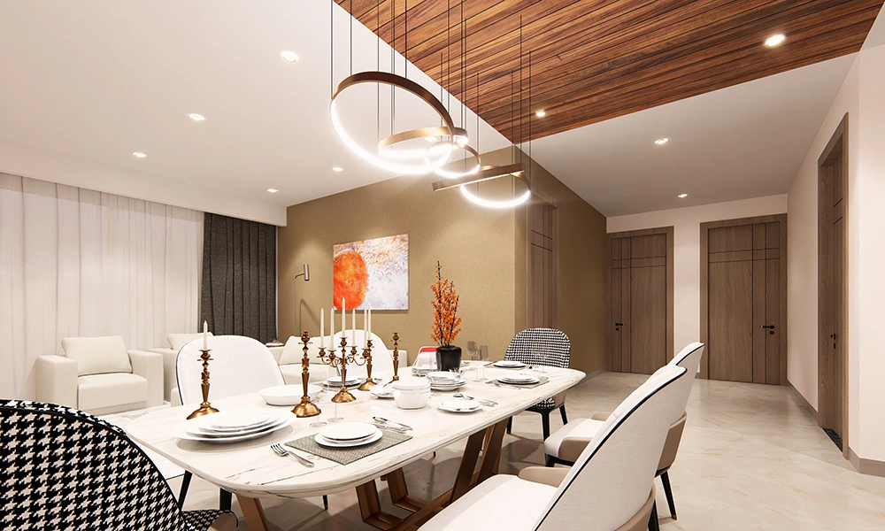 Modern dining setup in Sarthak Solitaire Bicholi Mardana property with stylish decor and spacious layout
