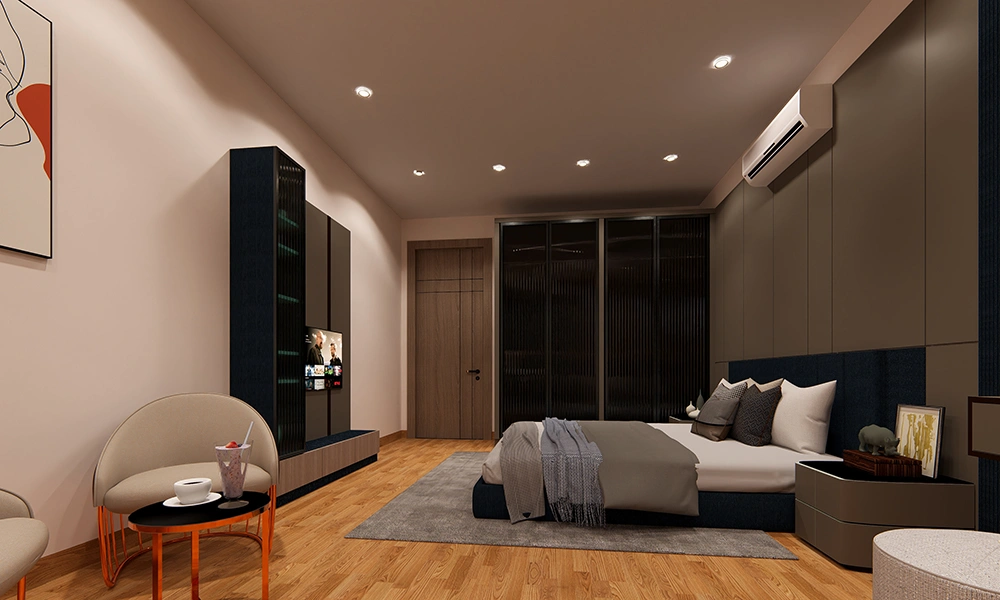 Luxury bedroom interior at Sarthak Solitaire showcasing flats in Bicholi Mardana Indore with contemporary design and lighting