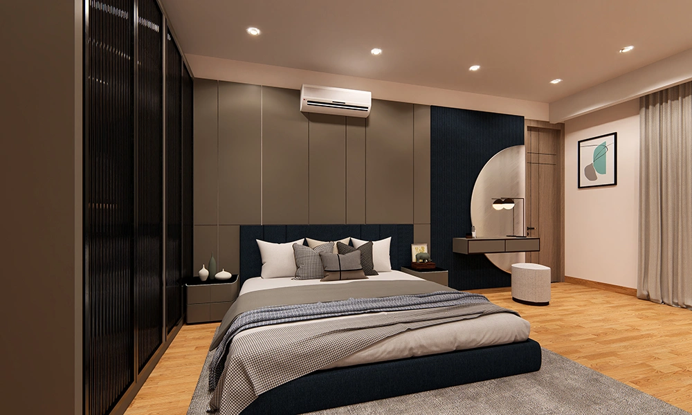 Stylish bedroom interior in Sarthak Solitaire luxury apartments in Indore with modern wardrobe and decor