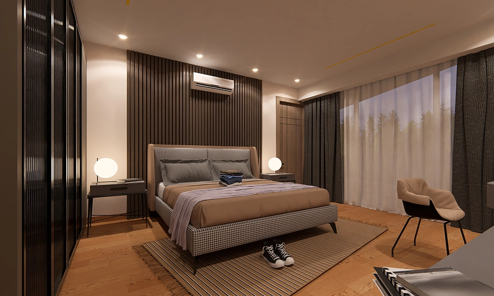 Premium bedroom interior at Sarthak Solitaire flats in Bicholi Mardana Indore showcasing luxury lifestyle