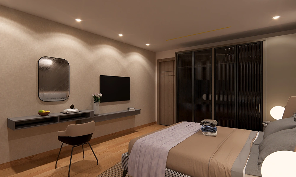 Stylish bedroom with study area in Sarthak Solitaire Bicholi Mardana property with modern interior layout
