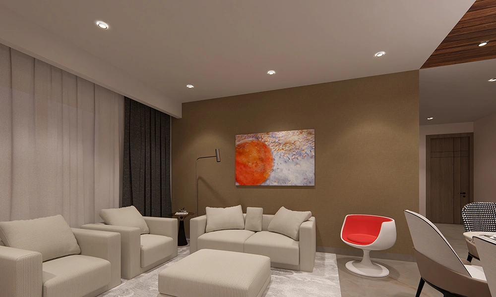Contemporary lounge area in Sarthak Solitaire property in Bicholi Mardana with minimalist design and lighting