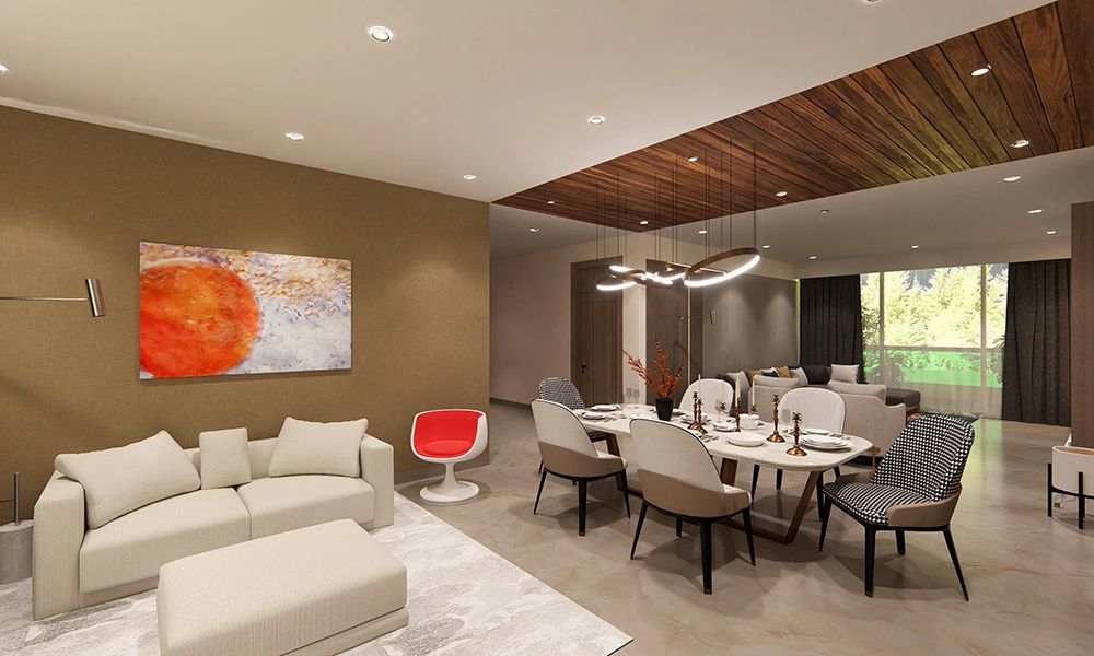 Modern dining and living interior in Sarthak Solitaire flats in Bicholi Mardana Indore with stylish decor