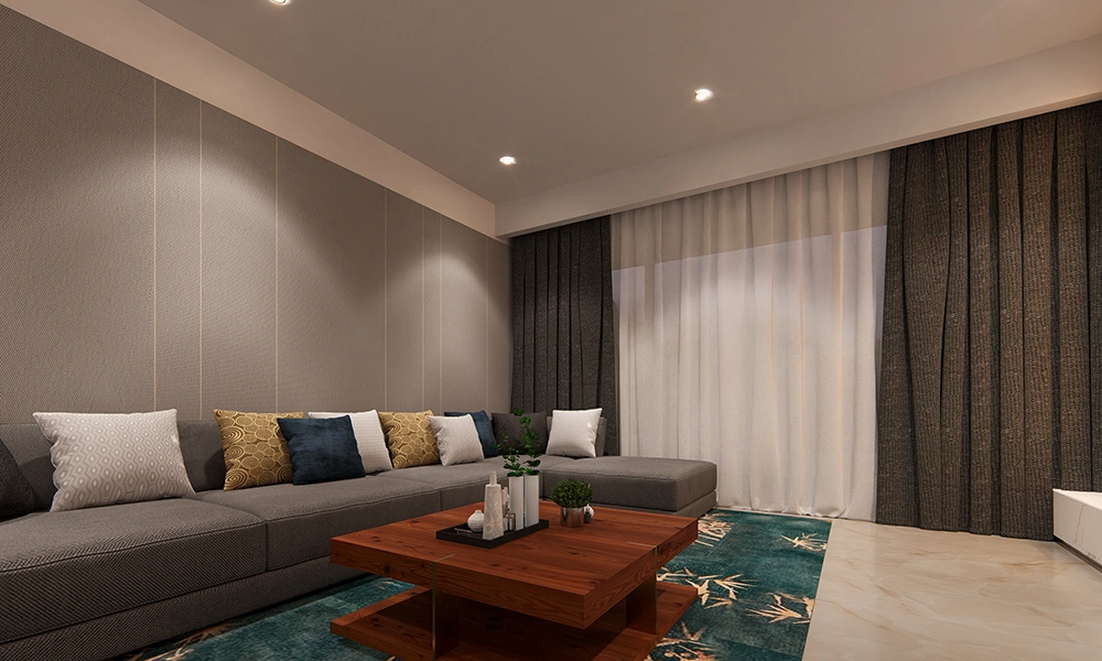 Elegant living room interior in Sarthak Solitaire Bicholi Mardana flats with contemporary furniture