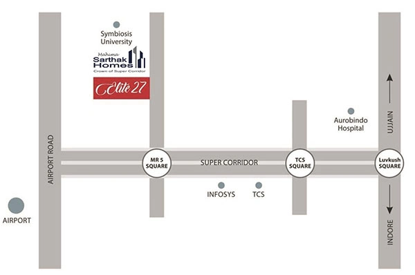 Location map of Elite 27 row houses in Super Corridor Indore within Mahima Smart City