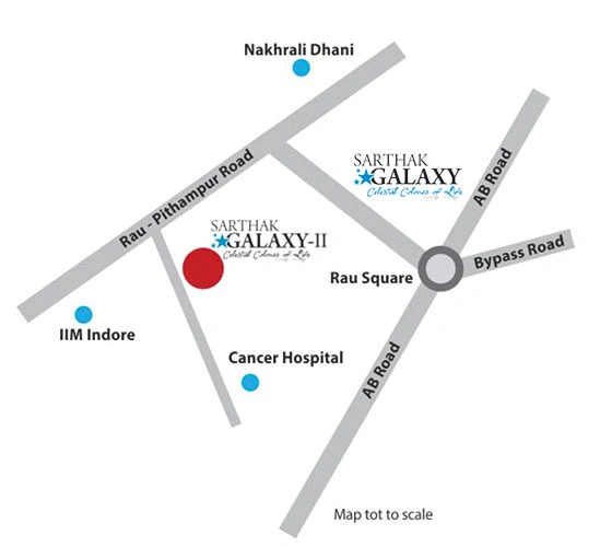 Location map of Sarthak Galaxy II in Rau Indore near IIM Indore
