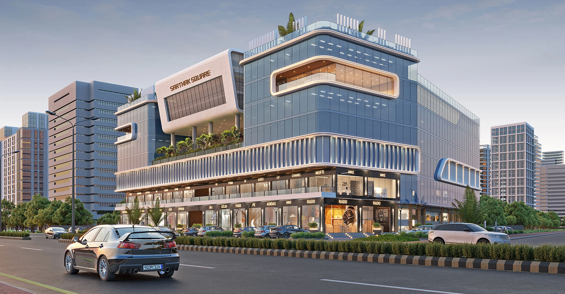 Sarthak Square commercial project with showrooms, shops and offices on Super Corridor Indore