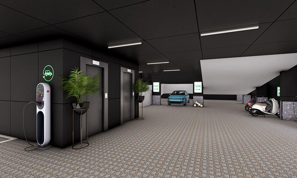Basement parking with EV charging in Sarthak Solitaire luxury flats in Bicholi Mardana offering modern amenities