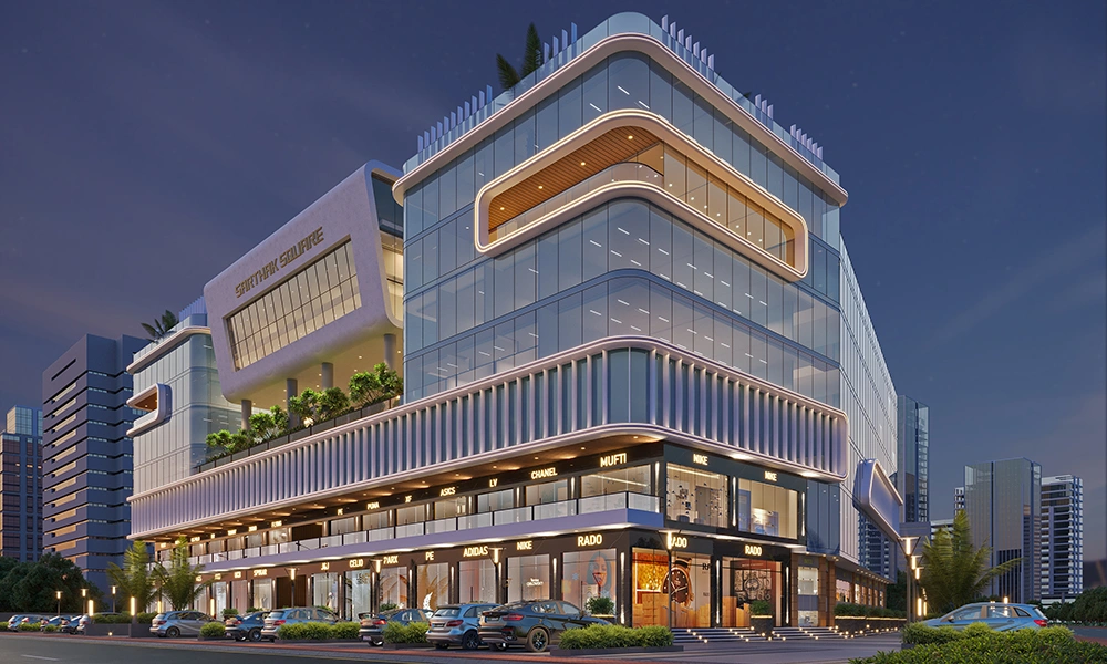 Sarthak Square building with commercial shops for sale on Super Corridor