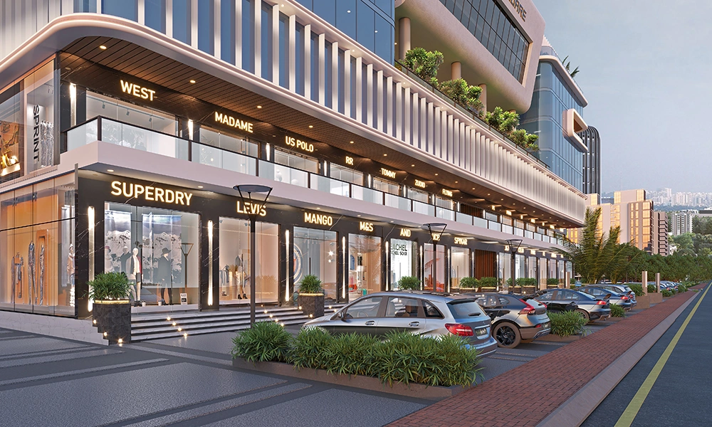 Sarthak Square commercial shops for sale on Super Corridor with branded outlets