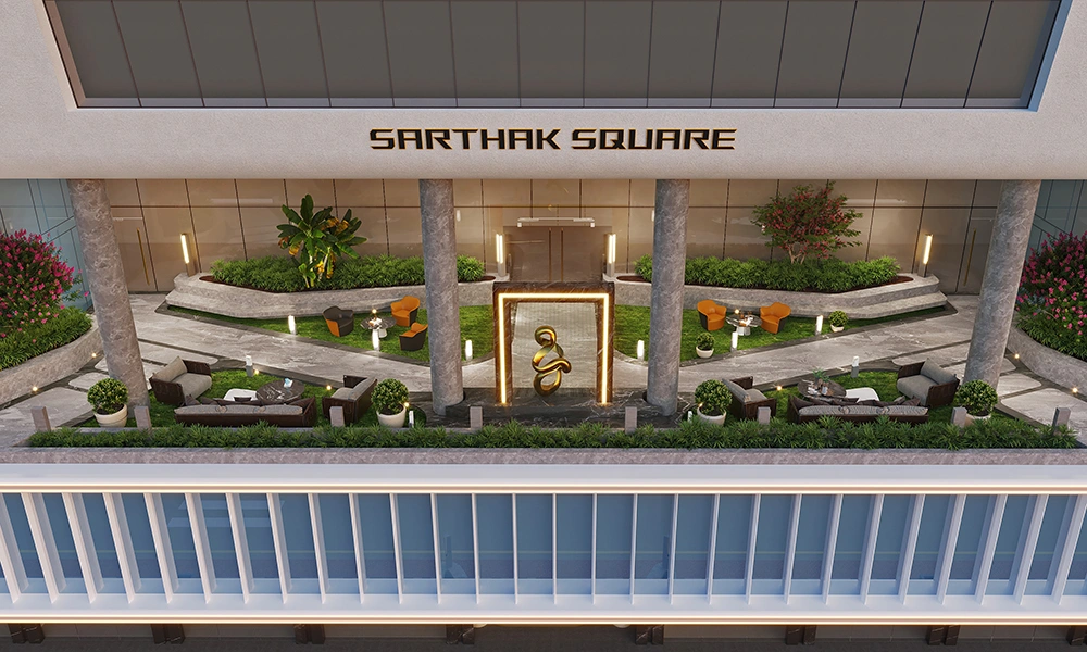 Double height business lounge at Sarthak Square premium office spaces in Super Corridor