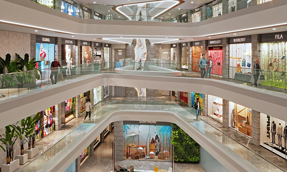 Sarthak Square open atrium with commercial shops near Super Corridor