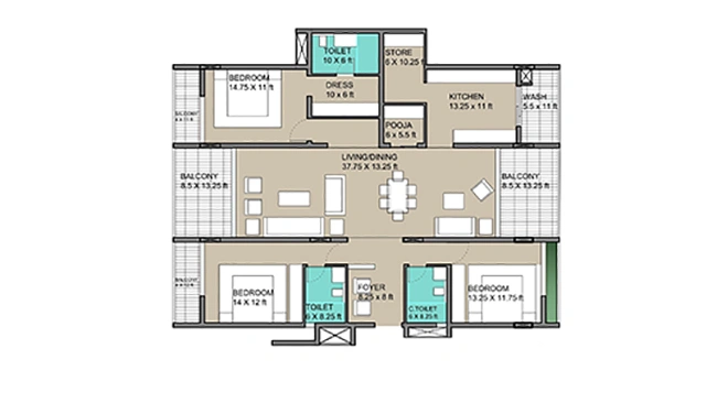 Sarthak Solitaire spacious 3 BHK floor plan showing wide living area, bedrooms and utility spaces