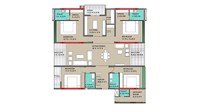 Premium 4 BHK apartment plan at Sarthak Solitaire with wide living space, bedrooms and servant room