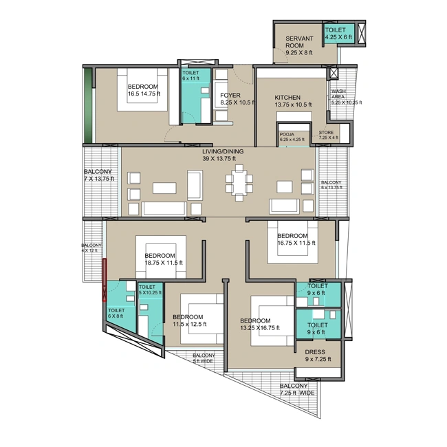 Premium 5 BHK apartment layout at Sarthak Solitaire with servant room and expansive living space