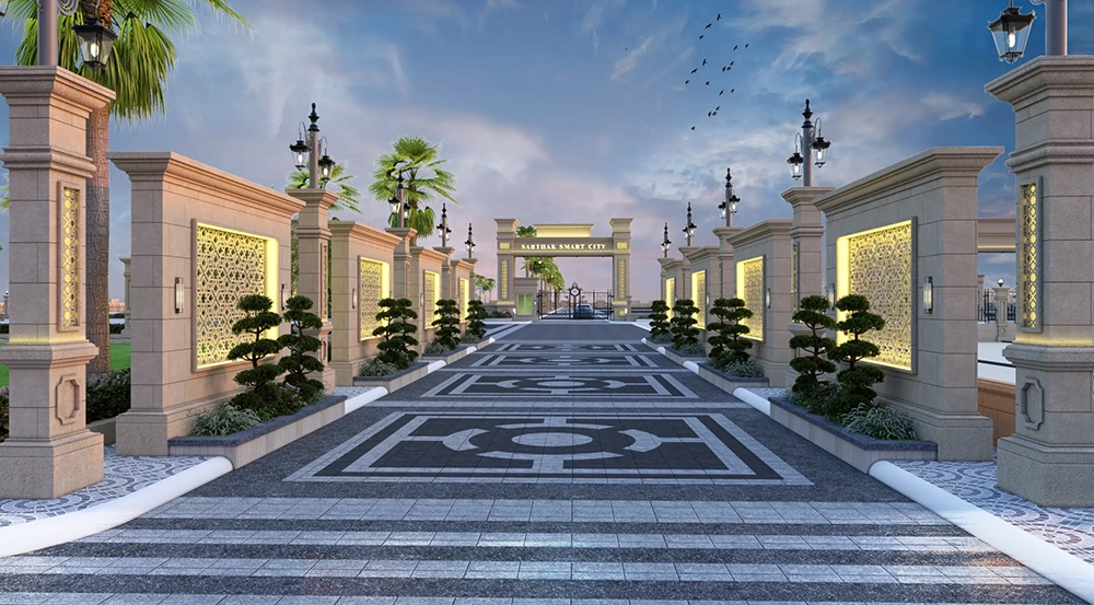 Landscaped walkway in Sarthak Smart City