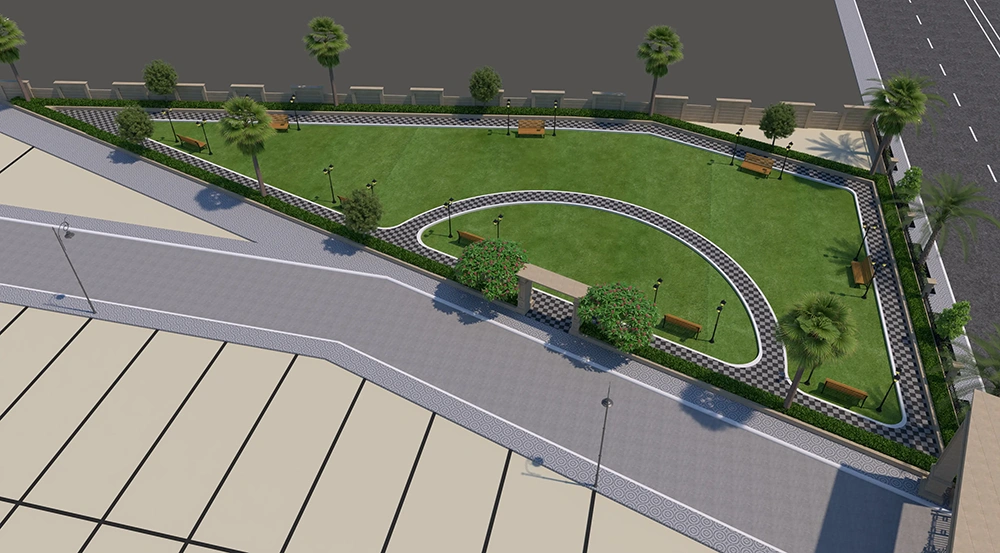 Open garden with seating at Sarthak Smart City