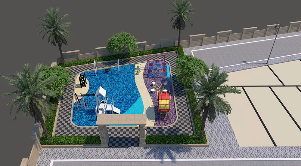 Kids play area with slides and swings